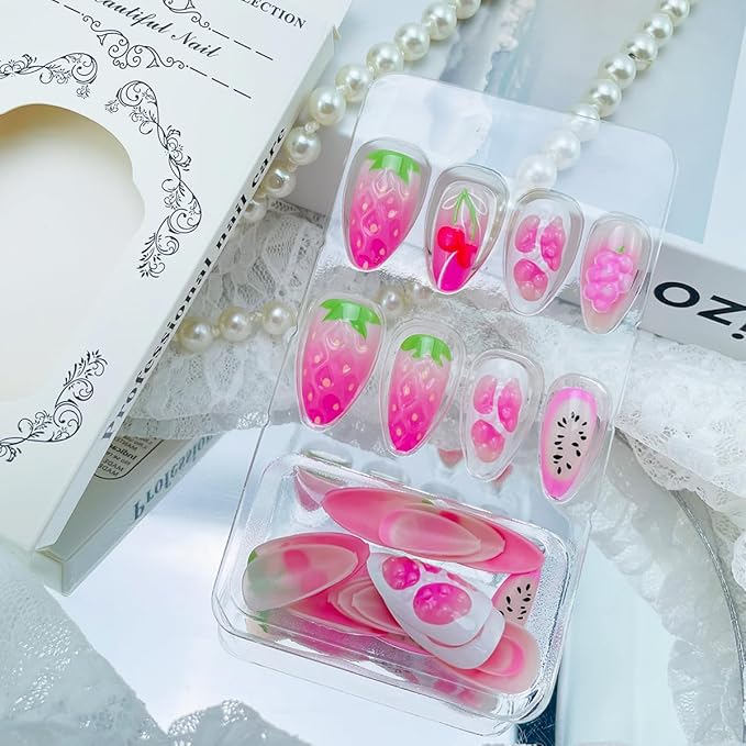 24Pcs Summer Fruit Press on Nails Almond Long Fake Nails with 3D Cherry Strawberry Designs Glossy Pink False Nails Summer Glue on Nails Full Cover Acrylic Stick on Nails for Women Girls DIY Decoration