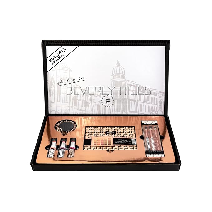 Profusion Cosmetics Beverly Hills PR Box, Includes Beauty Clutch 20 Shade Palette with Mirror, 3 Pc Eyeshadow Brush Set, and Lip Balm Trio to Enhance Your Beauty Routine