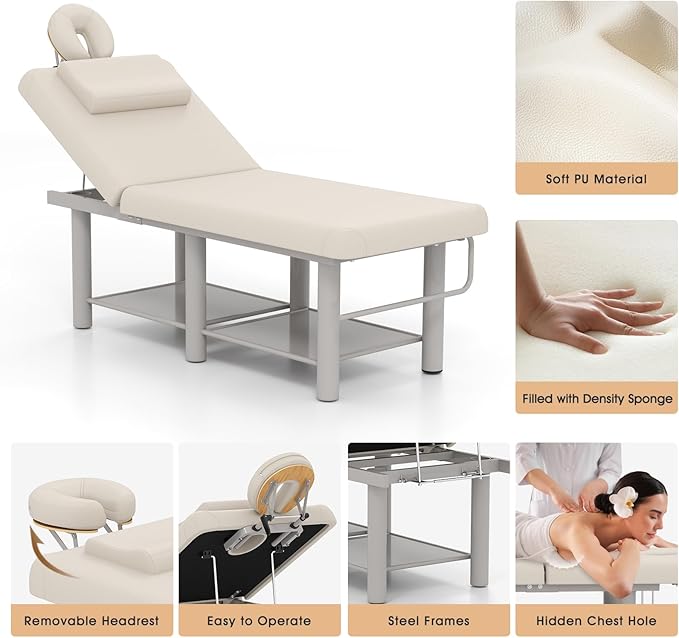 Heavy Duty Wide Stationary Massage Table Metal Frame PU Leather Spa Facial Professional Adjustable Massage Bed with Open-Chest & Headrest for Treatment Physical Therapy Tatoo Salon Equipment (Gray)