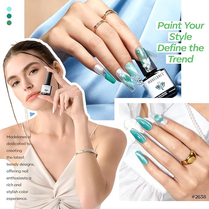 modelones Glitter Gel Nail Polish Set, 6 Colors White Green Lake Blue Pearl Shimmer 9D Cat Eye Gel Polish with Magnet Soak Off LED Nail Art Kit Salon DIY Home Gift