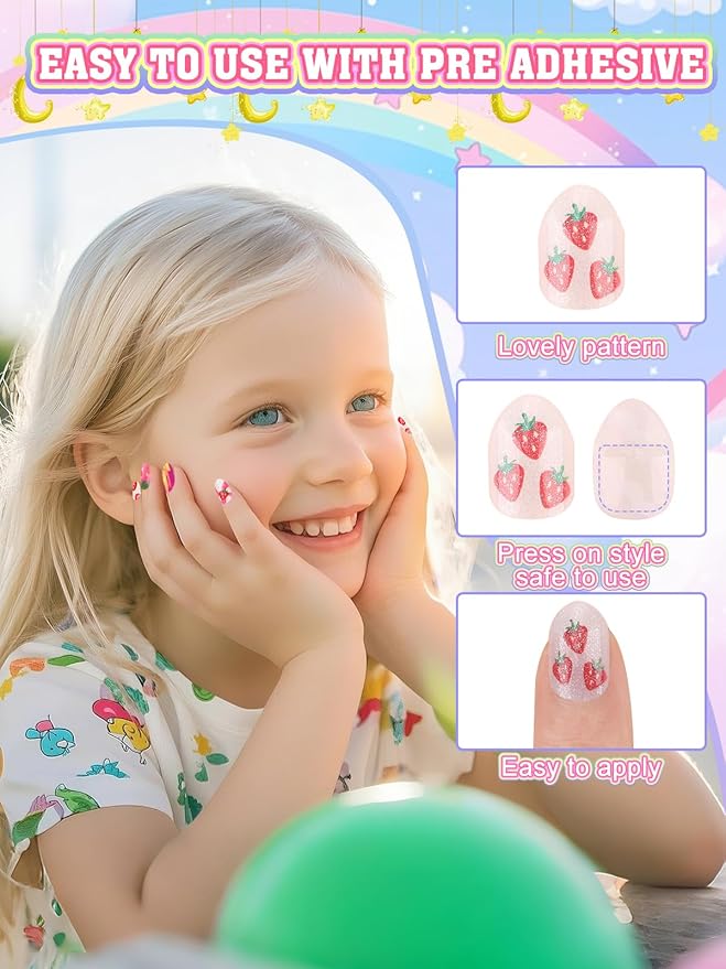 72 Pieces Press on Nails Girls, EBANKU Children Fake Artificial False Nail Tips Pre Glue Full Cover Gold Strawberry Press on Nails for Kids 7-12 Years