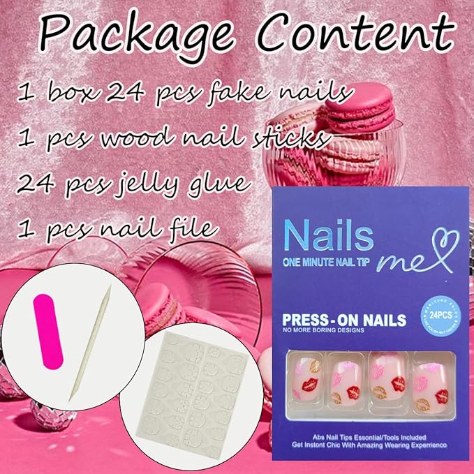 24Pcs Valentines False Nails Short Press on Nails Square Fake Nails Colourful Lip Design Acrylic Nails Nude Pink Glue on Nails Sexy Lips Artificial Stick on Nails for Women Valentines Nails Decor