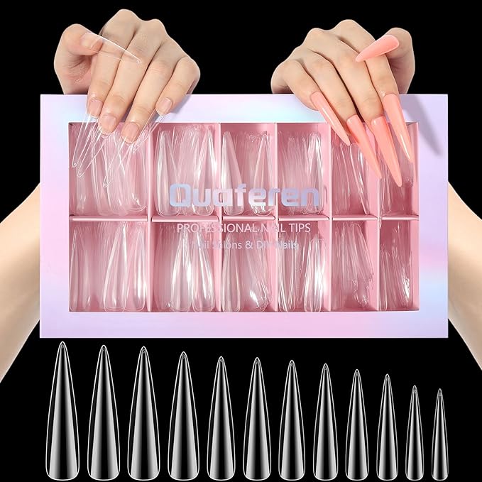 Clear Long Stiletto Nail Tips, 504PCS XXXL Extra Long Stiletto Fake Acrylic Nails, Full Cover Soft Gel C Curve Nail Tips False Nail Extension Tips for Manicure Salon DIY Nail Art 12 Sizes