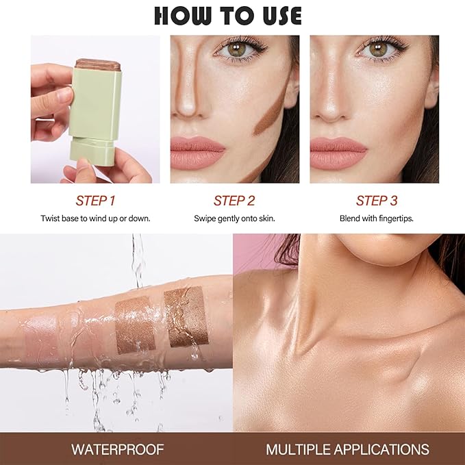 Cream Contour Stick, Face Cream Bronzer Makeup Stick Shimmer Highlighters Body Stick Blendable Long Lasting Highlighter Stick Silky Smooth Formula (2#, Soft Glow)