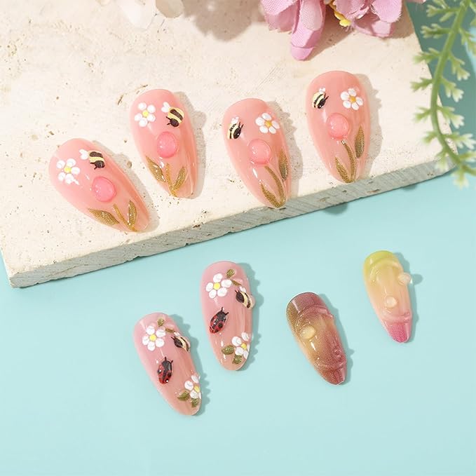24pcs Summer Press on Nails Medium Almond Fake Nails with Insect Flower Acrylic Nails Designs Bee Glue on Nails Cute Floral False Nails Kit Full Cover Stick on Nails for Women Nail Decoration