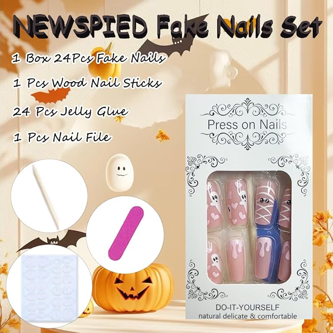 24Pcs Halloween Nails Press on Nails Medium Square NEWSPIED Pink Fake Nails with Cute Ghost Heart Designs Halloween Glue on Nails Glossy Acrylic Stick on Nails Cute Holiday False Nails for Women DIY