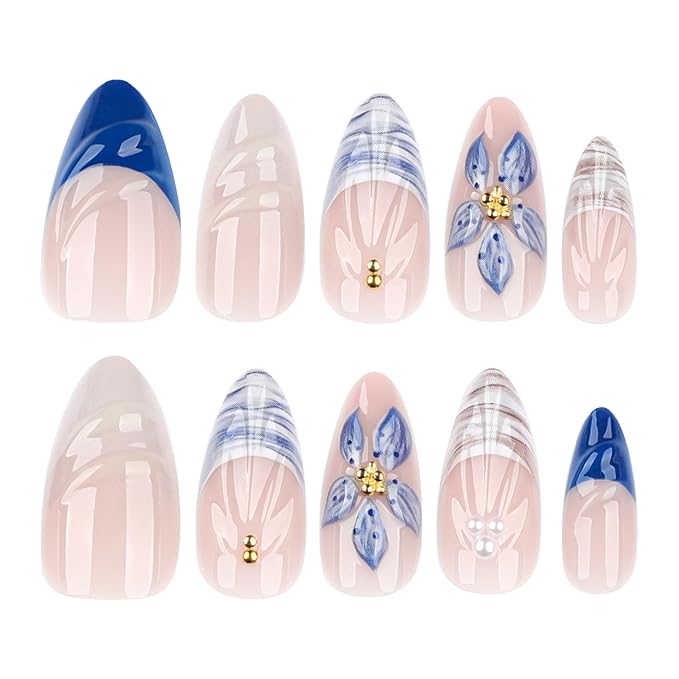 24Pcs Blue Flower Press on Nails Medium Almond Fake Nails with Pearl Water Ripple Designs French Tip False Nail Gold Beads 3D Flower Glue on Nail Summer Beach Stick on Nails for Women Girls