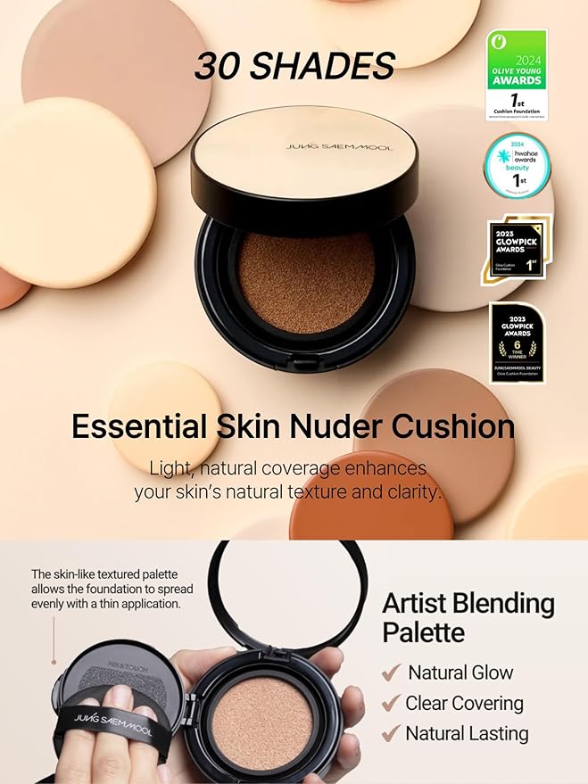JUNG SAEM MOOL Essential Skin Nuder Cushion 19C Pink Light 0.49 Fl Oz, No Refill, Natural Radiant Finish Cushion Foundation with Buildable Coverage, Lightweight Texture, Korean Foundation Makeup