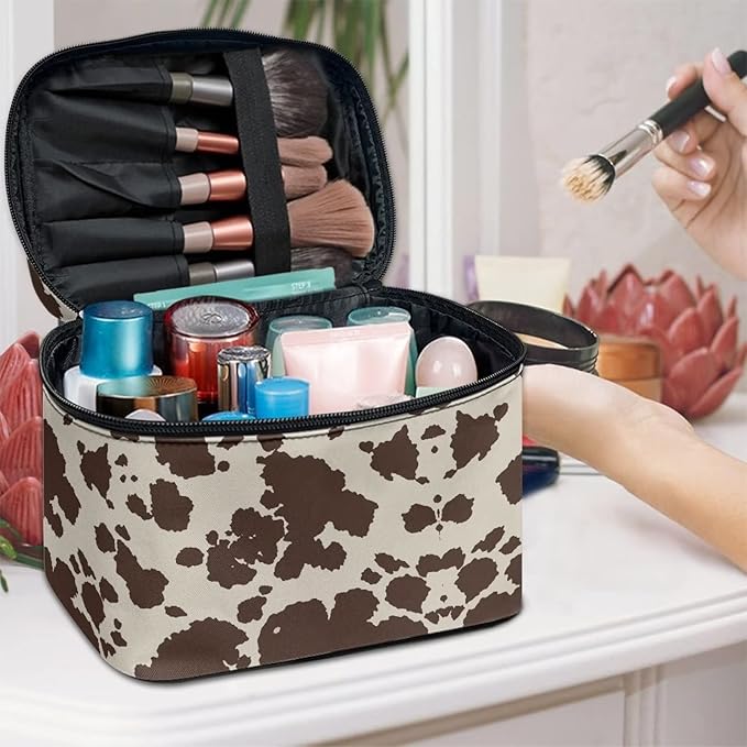 Cute Brown Cow Cowhide Design Travel Makeup Bags for Women and Portable Tote Cosmetic Case with Carry Handle Toiletry Accessories Storage Organizer Bags