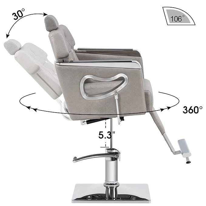 BarberPub Barber Chair Reclining Salon Chair for Hair Stylist, Antique Hair Spa Salon Styling Beauty Equipment 8132 (Silver Grey)