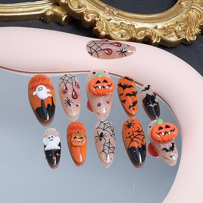 24Pcs Halloween Press on Nails Medium Almond French Tip Fake Nails 3D Cute Ghost Pumpkin Gems False Nails with Spider Web Bat Design Orange Stick on Nails Full Cover Artificial Glue on Nail for Women
