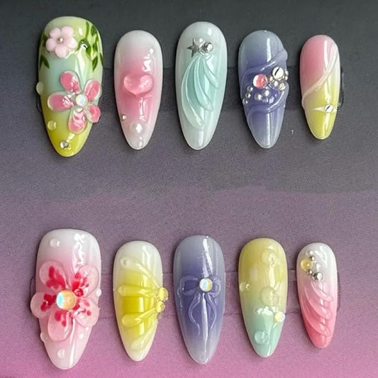 30Pcs Colorful Flower Press on Nails Medium Almond Fake Nails with Rhinestones Design 3D Carved Floral Flash Pearl False Nails French Nail Tips Ins Blush Gradient Full Cover Artificial Nails for Women