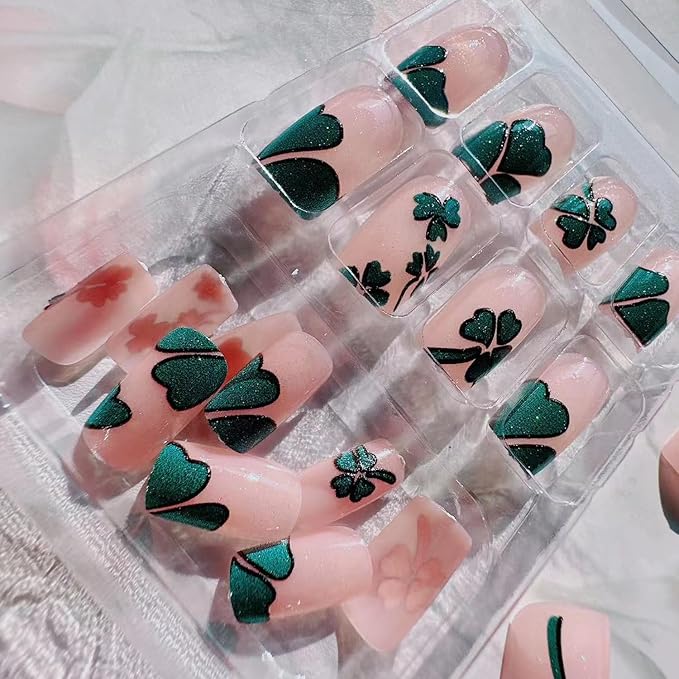 St. Patrick's Day four-leaf Press on Nails with French Clover Glitter Design,Glossy Sparkly Silver Green Four Leaf Clover Fake Nails Full Cover Glue on Nails Lucky Shamrock Stick on Nails for Women