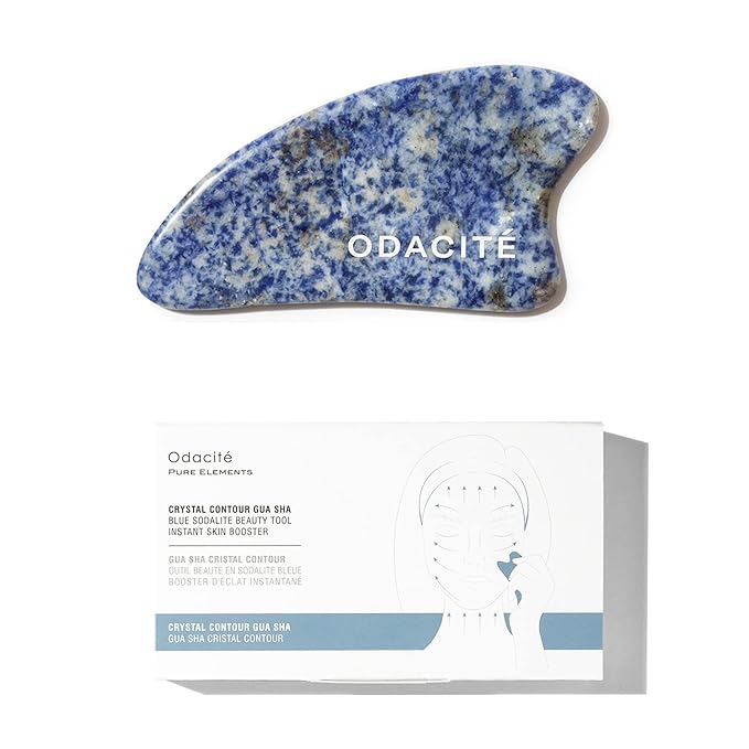 Odacité Gua Sha for Face Crystal Contour – Blue Sodalite Facial Massager - Scraping Massage Tool Lifts & Revitalizes Skin - Reduce Puffiness, Wrinkles and Dark Under-Eye Circles
