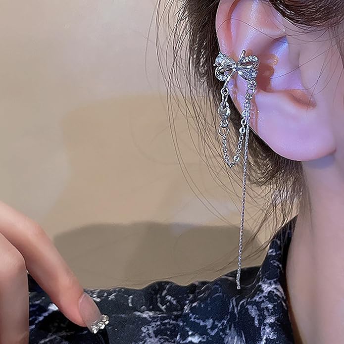 Vintage Crystal Bow Ear Cuff Earrings Rhinestone Bow Cuff Earrings Silver Long Chain Tassel Earrings Cz Chain Dangle Earrings Jewelry for Women