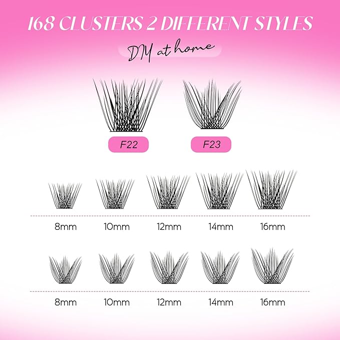 Lash Clusters DIY Eyelash Extensions 168 Clusters Lashes D Curl 0.07 Natural Individual Lash Extensions Mixed Tray False Eyelashes Soft & Strong Thin Band DIY at Home (F22+F23-0.07D, 8-16mm)