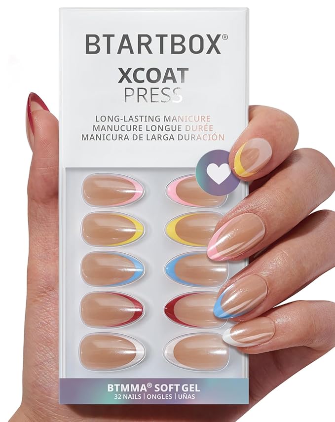 BTArtbox Press On Nails Short - Lamp-Curable Summer Colorful French Tip Almond Press On Nails with Glue for Women, Semi-Transparent Soft Gel Glue On Nails in 16 Sizes - 32 Stick On Nails Kit, Cha-Cha