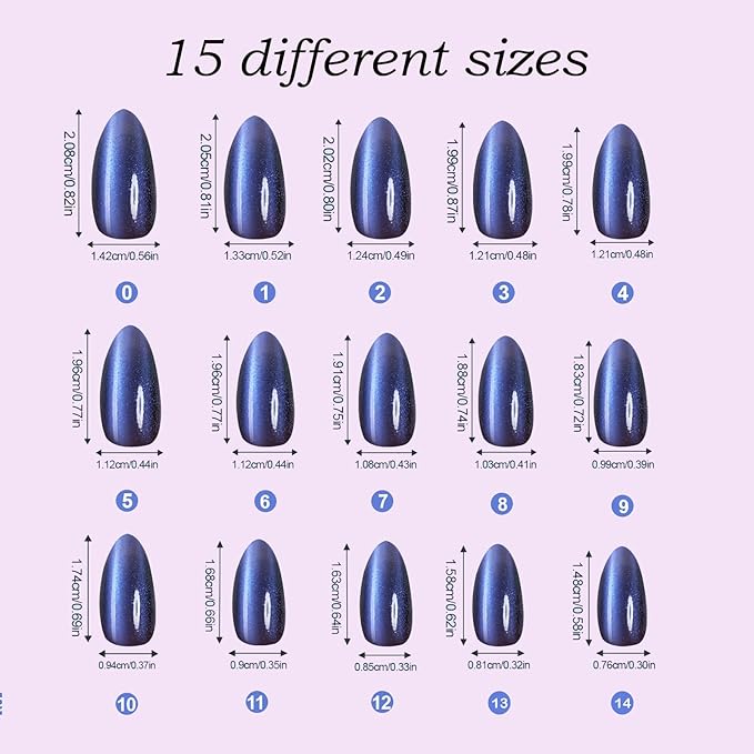 Cat Eye Press on Nails, Jsiallye 300pcs Colored Short Almond Press on Nails for Women, Soft Gel Fake Nails, Glossy Glitter Cat Eye Nail Tips Stick On Nails in 15 Sizes