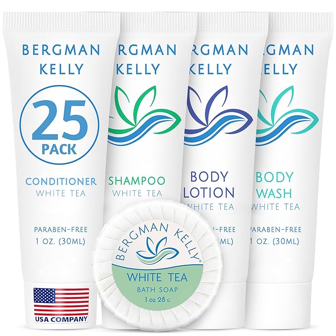 Bergman Kelly - Hotel Toiletries Bundle - White Tea, 1 oz each, 125 Pieces - 5-Piece Set: 25 each Round Bar Soap, Shampoo, Conditioner, Body Lotion & Body Wash - Bulk Mini Guest Amenities