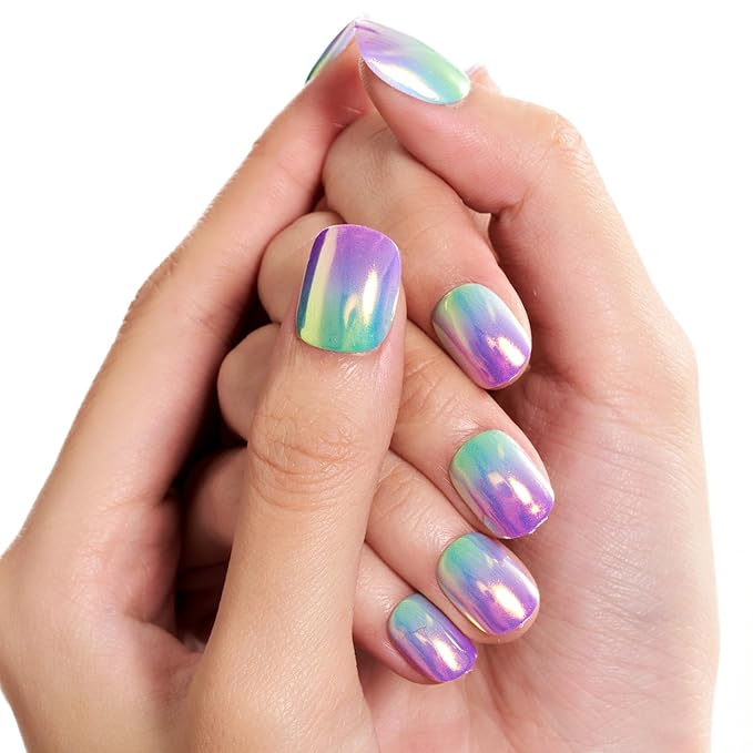 GLAMERMAID Extra Short Press on Nails 24PCS, Handmade Purple Green Ombre Chrome Fall Gel Glue on Nails, Glossy Round Reusable UV Finish Fake Nails Acrylic False Nails Manicure Kits for Women