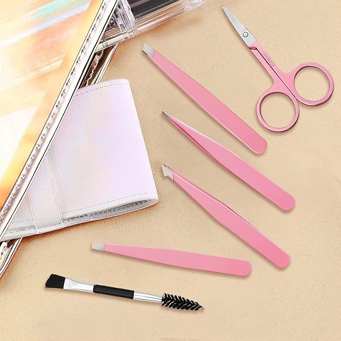 Tweezers for Women, 6 piece Pink Tweezers for Women Facial Hair, Precision Tweezers for Eyebrows, Hair Removal, Facial Hair, Ingrown Hair for Men
