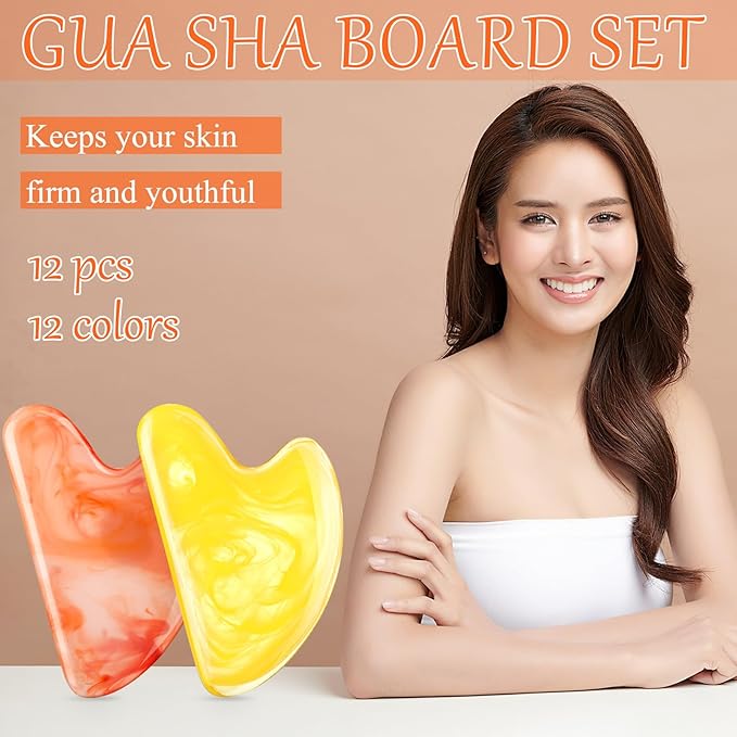 Sherr 12 Pcs Gua Sha Facial Tools Resin Heart Shaped Massage Guasha Tool for Face Guasha Board for Spa Women Body Skin Care Reduce Muscle Tensions, 12 Colors(Retro Color)