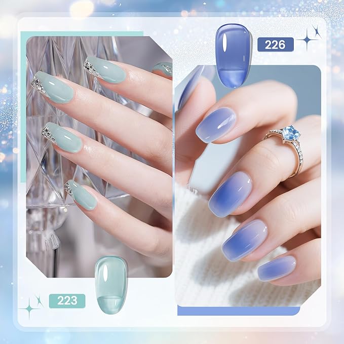 JODSONE 10ml 6 Colors Jelly Gel Nail Polish Set Ocean Blue Turquoise Gel Polish with Crystal Long Lasting All Seasons Need U V Lamp
