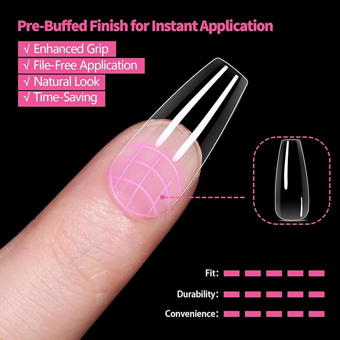 Medium Coffin Nail Tips 504PCS, Clear Acrylic Full Cover Gel Press on Nail Tips for DIY, 12 Sizes Pre-Shaped False Nails with Glossy Finish, Professional Manicure Kit & Easy Application