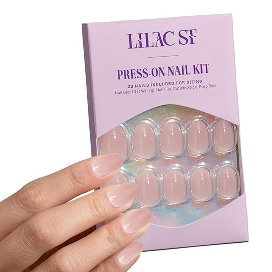 Lilac St - Press on Nails, Sheer Chemise (30 Nails, 15 Sizes) - Short, Round, Glossy, Opaque - Brush-On Nail Glue, Nail File, Cuticle Stick, Prep Pad - Reusable - Cruelty Free, Vegan, Women Founded