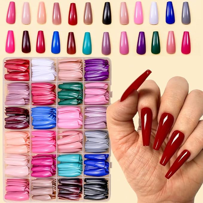 Long Coffin Press on Nails Solid Color Fake Nails Full Cover False Nails Glossy Acrylic Glue on Nails Reusable Artificial Nail Stick on Nail for Women Manicure 12Color - 576Pcs