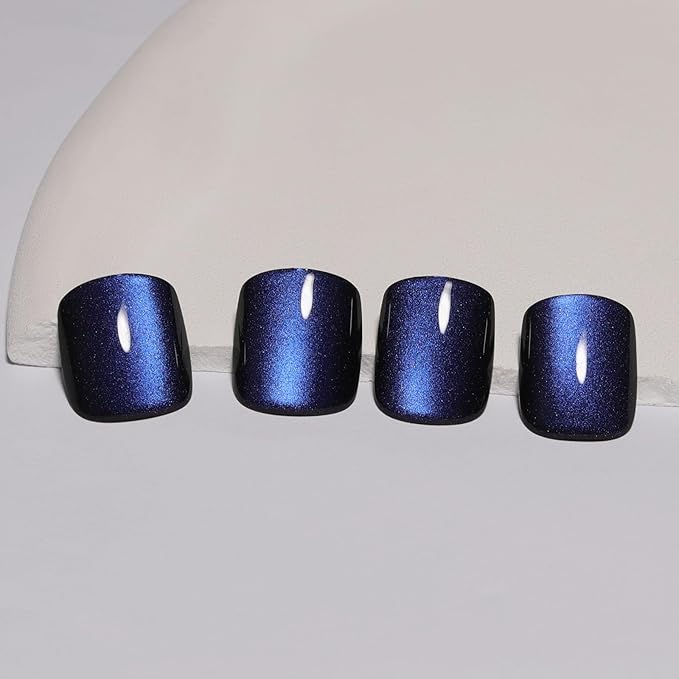 Dark Blue Press On Nails Square – Short Cat Eye Fake Nails with Color-Shifting Glow, Reusable Stick On Nails, 15 Sizes, 30 Nail Kit with Glue, Thick Glue On Nails for Women, M1-Midnight Mirage