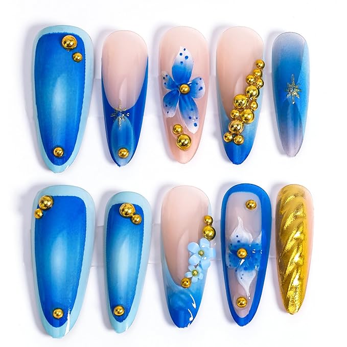 10Pcs Handmade Blue Flower Press on Nails Medium Almond French Tip Fake Nails Gold Rhinestones with Flower Glue on Nails Cute Stick on Nails Full Cover Summer False Nails for Women Girls Acrylic Nails