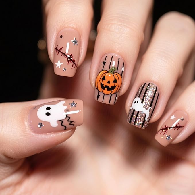 Halloween Press on Nails Medium Square Pumpkin Fake Nails Glitter False Nail with Cute Ghost Designs Glossy Glue on Nails Blood Scar Star Acrylic Nail Holiday Manicure for Women 24Pcs