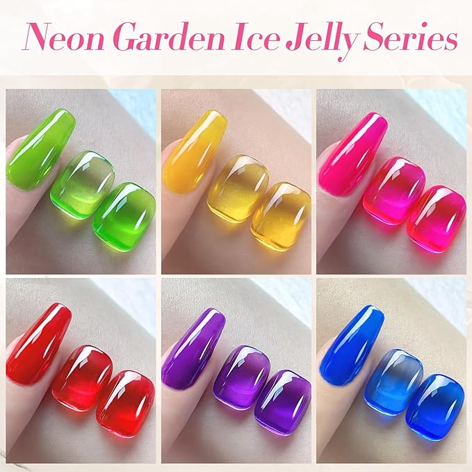Born Pretty Christmas Jelly Gel Nail Polish Neon Spring Summer Gel Polish,Hot Pink Red Purple Blue Green 6Colors Translucent Effect,Soak Off U v LED Light Cure Nail Art Kit Salon Manicure DIY at Home