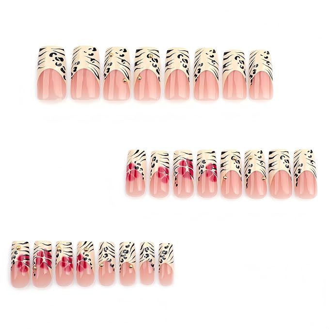 Leopard Print French Tip Press on Nails Long Square Fake Nails with 3D Gold Pearl Designs Red Blooming Flower Full Cover Glue On Nails Reusable Coffin Autumn Winter Brown False Nails for Women 24Pcs