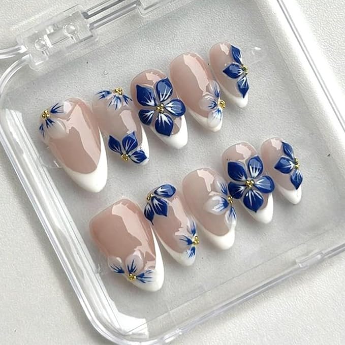 24Pcs White French Tip Press on Nails Medium Almond 3D Flower Fake Nails with Gold Pearl Designs Glossy Artificial Acrylic Full Cover False Nails Blue Floral Nails Summer Press ons for Women Manicure