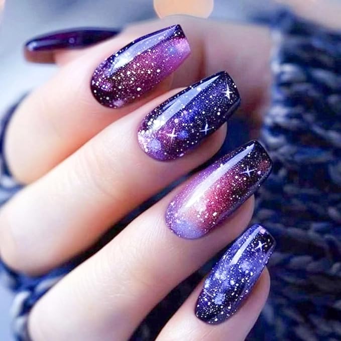 Coffin Press on Nails for Women Fake Nails Starlit Sky Nail Press ons Purple Dark Blue Acrylic Glue on Nails Medium with Star Gradient Designs Glossy Stick on Nails 24Pcs Artificial Girls Art Manicure