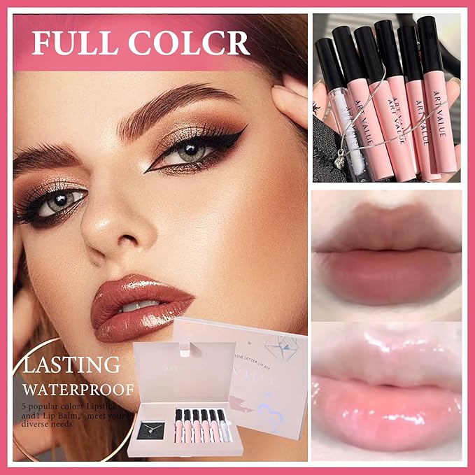 Makeup Set for Women, 7 Pcs Gift Box Set Include Matte Lipstick, Lip Balm and Necklace, Easy to Match with Different Makeups, Christmas，Valentine's Day Makeup Set Gift for Girls-04
