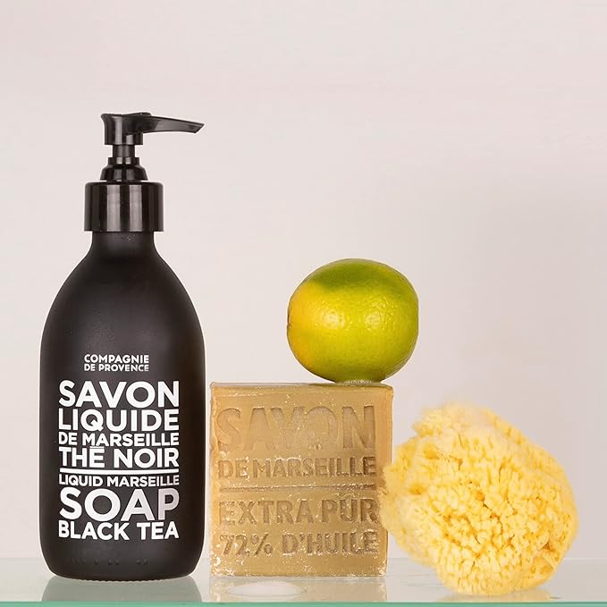 Compagnie de Provence Savon de Marseille Extra Pure Liquid Soap - Black Tea - 16.7 Fl Oz Glass Pump Bottle