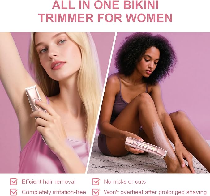 Electric Bikini Trimmer for Women - Dermave Bikini Shaver, Waterproof Dual Head Shaver (Pink)