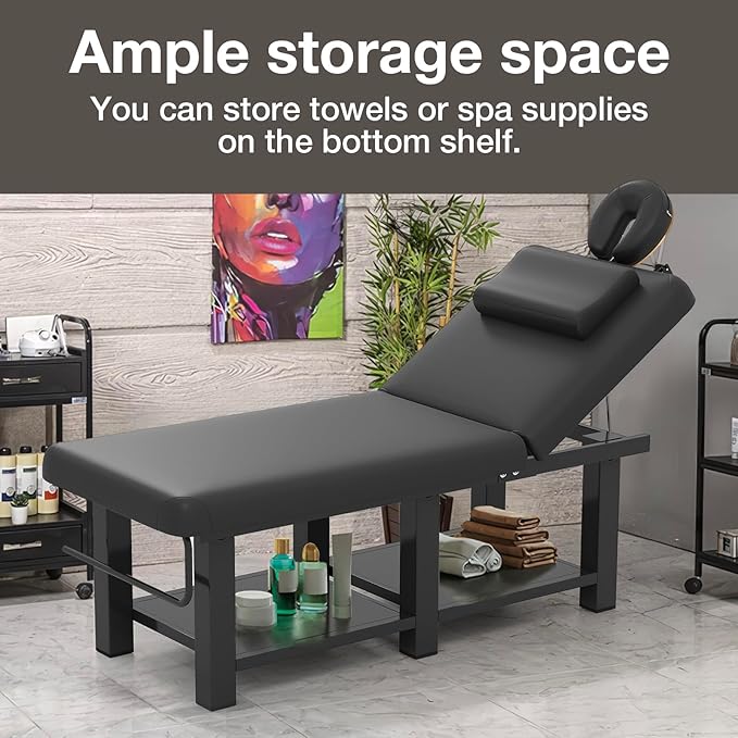 Professional Massage Table Heavy Duty - Adjustable Spa Facial Bed with Open Chest & Headrest, PU Leather, Metal Frame for Physical Therapy, Tattoo, Salon, Treatment - Black