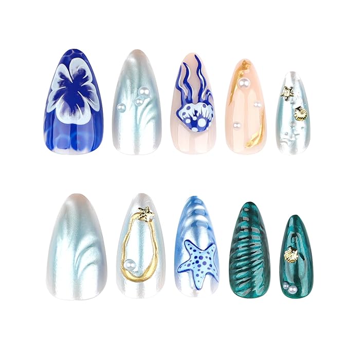 24Pcs Ocean Press on Nails Medium Almond Fake Nails with 3D Pearl Gold Shell Starfish Design Colorful Marine Life Summer False Nails Blue Gradient Acrylic Glossy Glue on Nails for Women Nails