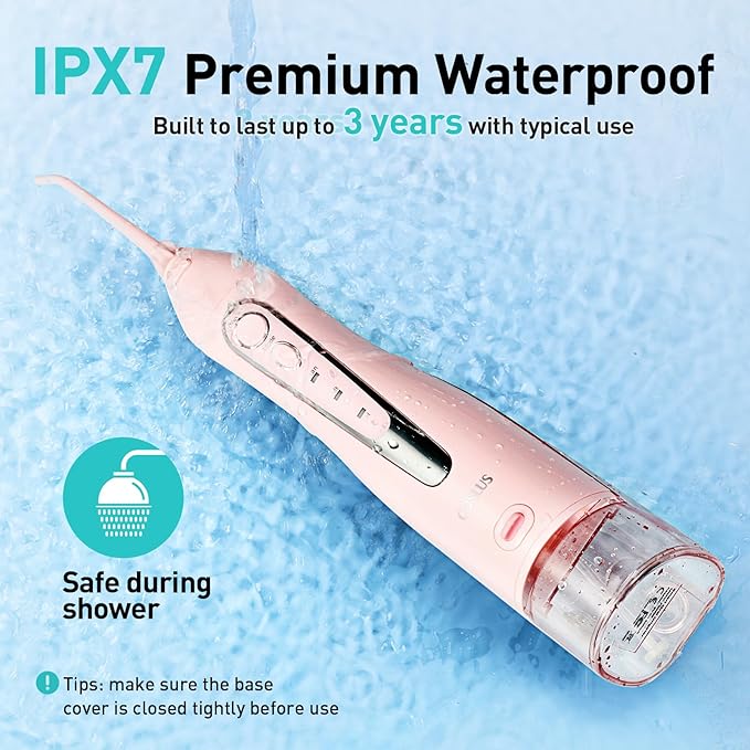 COSLUS Water Dental Flosser Teeth Pick: Portable Cordless Oral Irrigator 300ML Rechargeable Travel Irrigation Cleaner IPX7 Waterproof Electric Flossing Machine for Teeth Cleaning C20(F5020E) Pink
