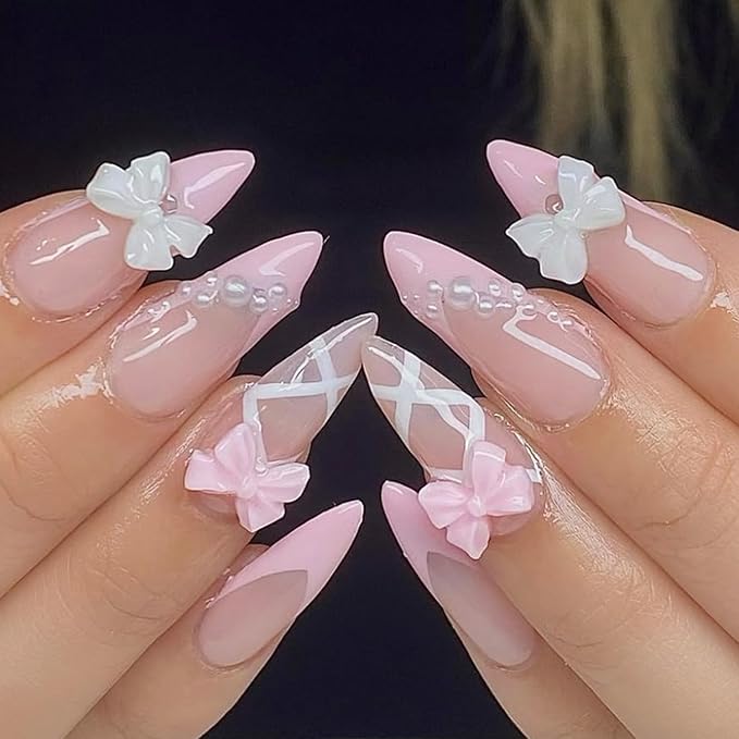 24Pcs Bow Press on Nails Pointed Almond Fake Nails with Pink White French Tip Design Bow Charms False Nails Full Cover Artificial Glue on Nails Nude Stick on Nails Pearl Nail Supplies for Women DIY