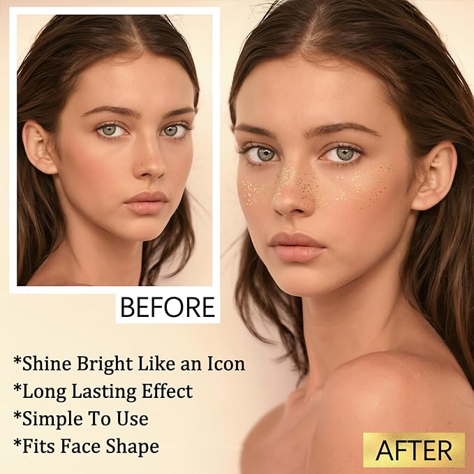 24PCS Glod Glitter Freckle, Gold Freckles Temporary Face Tattoo, Gold Freckle Tattoo, Body Face Glitter for Women Girls, Waterproof Long-Lasting Party, Festival, Concert Makeup Accessories