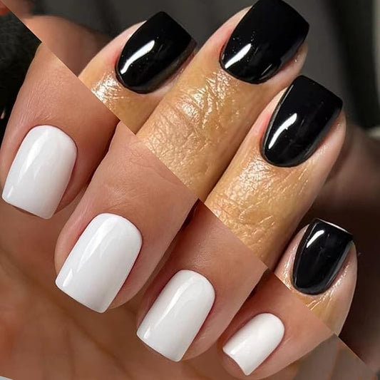 2 Packs 48Pcs Press on Nails Short Square Fake Nails Black White Acrylic Nails Solid Color False Nails Glossy Glue on Nails Reusable Artificial Nails Stick on Nails for Women Girls Nails Decoration