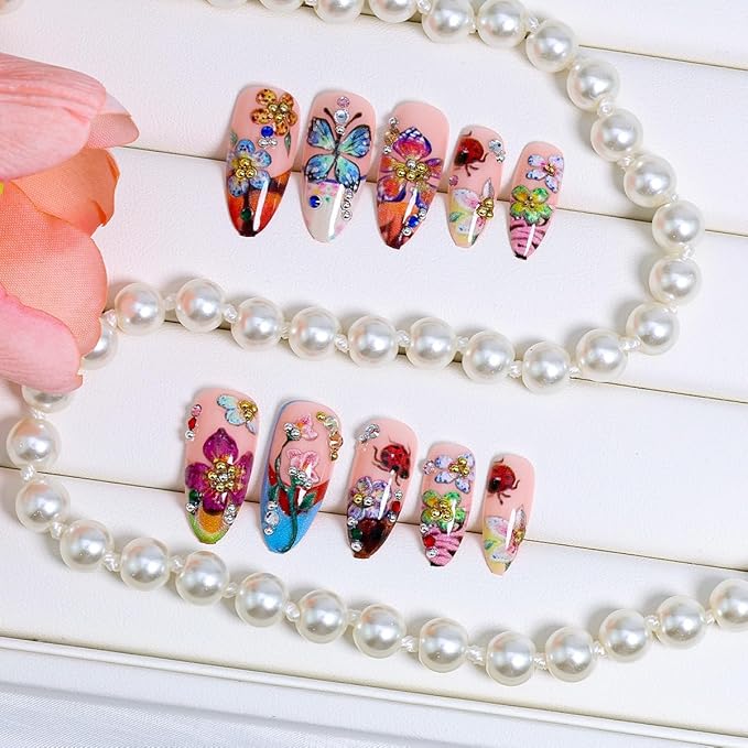 Flower Press on Nails Medium French Tip Fake Nails with 3D Colorful Butterfly Ladybug Floral Design Summer False Nails Gold Rhinestones Artificial Acrylic Nails Almond Glue on Nails for Women 24Pcs