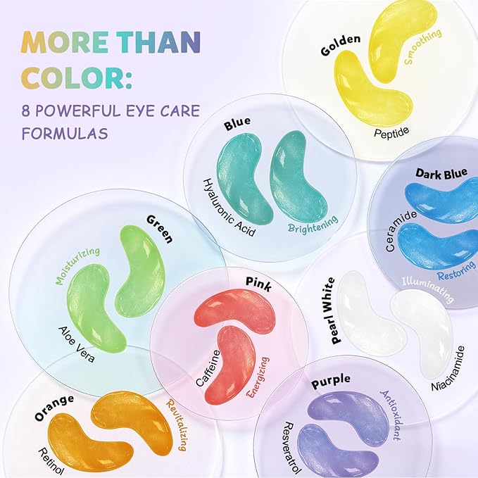 Under Eye Patches Variety Pack (24 Pairs), Eye Masks for Dark Circles Puffy Eyes Undereye Bags With 8 Colors (3 Pairs/Color), Vegan Eye Skin Care Set for Bachelorette Party Favors