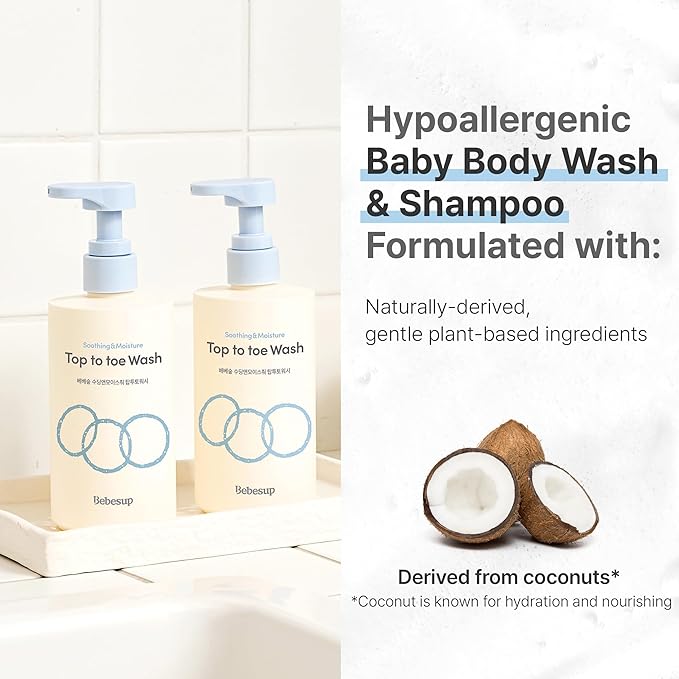 BEBESUP- Head to Toe Wash Baby Shampoo | Korean Skincare for Sensitive & Atopic Skin Organic Rice Cera Biome Hypoallergenic Coconut-Derived Cleanser Head to Toe Use 10.14 fl oz