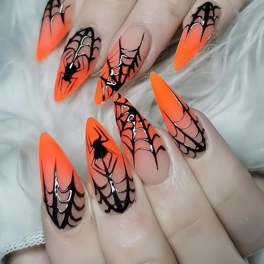 24Pcs Halloween Press on Nails Medium Almond Fake Nails with Spider Design Halloween Glue on Nails Gradient Orange Acrylic Nails Spider Web Full Cover Goth False Nails for Women Manicure Decoration